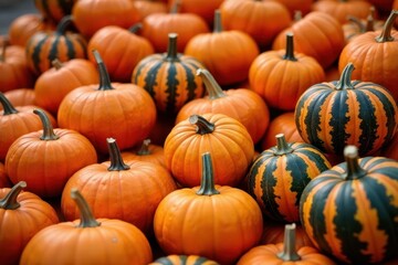 Obraz premium Pile of colorful striped pumpkins, autumnal scene , produce, vegetable