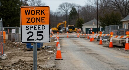 Road Construction Work Zone Sign with Equipment and Safety Cones