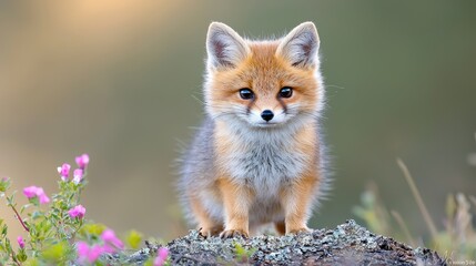Obraz premium Adorable fox kit sitting on mossy rock, wildflowers in background; wildlife photo for calendars
