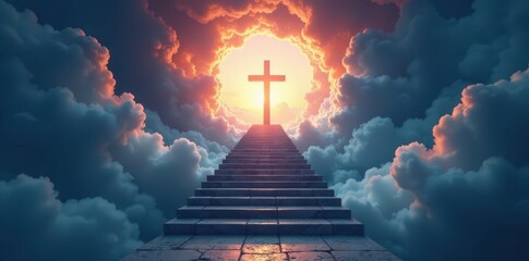 Staircase ascends towards radiant cross, emerging from cloudy tunnel , photography, ray, clouds