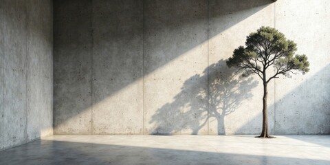 A solitary tree stands in a minimalist concrete room, its shadow cast upon the wall, a study in light and form.
