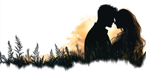 Silhouette of a couple in love against a sunset background with foliage and copy space
