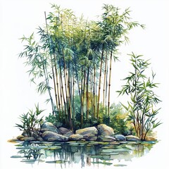 Watercolor painting of a tranquil zen garden with tall bamboo trees swaying gently, on isolated white background