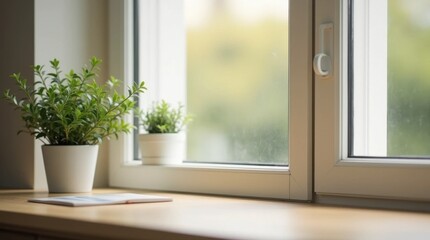 Modern Office Desk with Plant and Warm Lighting