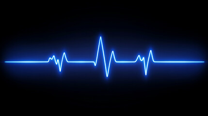 A single, vibrant neon blue line on a stark black background illustrates the electrocardiogram (ECG) heartbeat, symbolizing heart activity and rhythm.