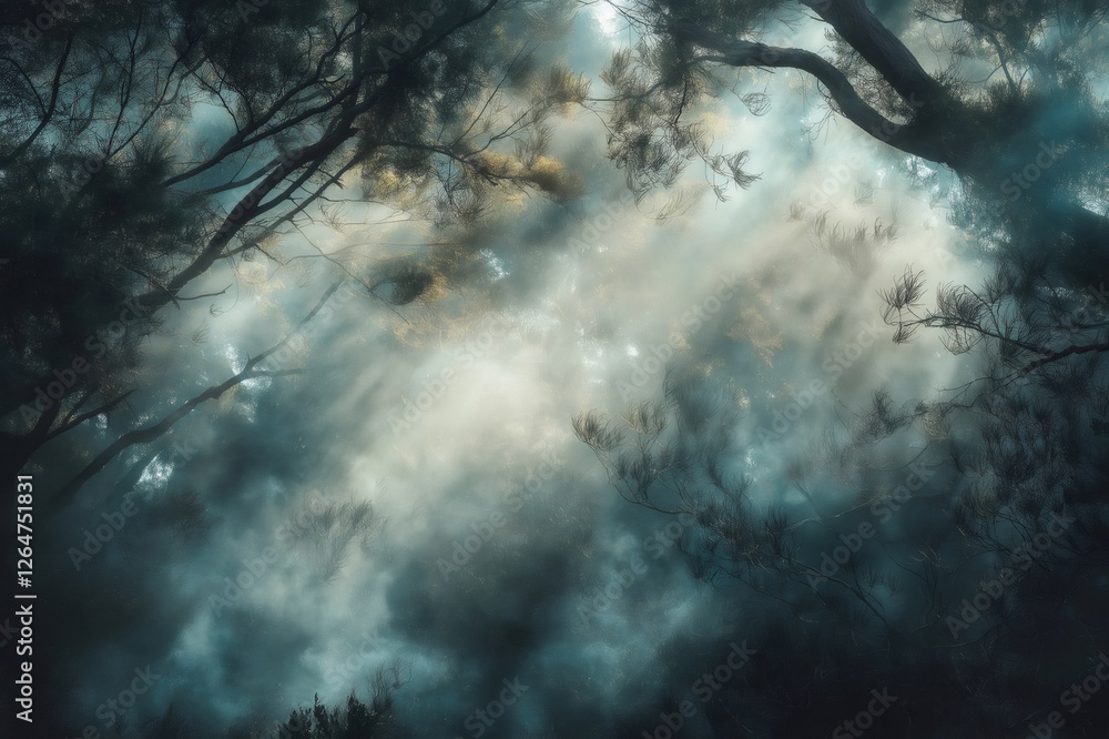 Aufkleber sunbeams filtering through a dense, misty forest, creating an ethereal and magical atmosphere