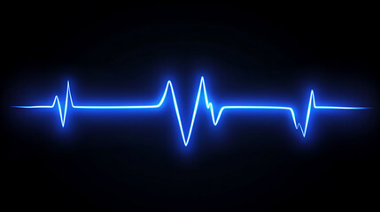 A single, vibrant neon blue line on a stark black background illustrates the electrocardiogram (ECG) heartbeat, symbolizing heart activity and rhythm.