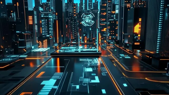 A cityscape with a glowing neon sign in the middle. The city is lit up with bright colors and the neon sign is the focal point. Scene is energetic and futuristic