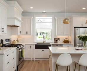 Fototapeta premium A spacious modern kitchen with white cabinets, stainless steel appliances, and an island with barstools, illuminated by natural light. Generative AI