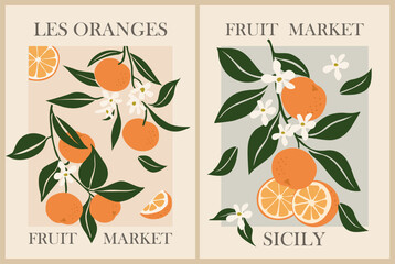 Set of Abstract Fruit Market retro posters. Trendy contemporary wall arts with orange citrus fruit design and French text Oranges. Modern naive groovy interior decorations, vector art paintings.