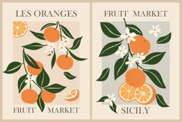 Fotobehang Vintage Poster Set of Abstract Fruit Market retro posters. Trendy contemporary wall arts with orange citrus fruit design and French text Oranges. Modern naive groovy interior decorations, vector art paintings.  © Creative_Juice_Art