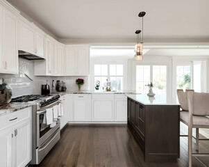 Fototapeta premium A spacious modern kitchen with white cabinets, stainless steel appliances, and an island with barstools, illuminated by natural light. Generative AI