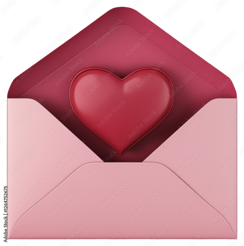 Poster pink envelope with red heart shape in opening with transparent background