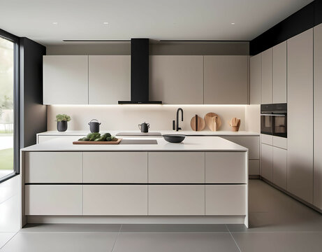 A minimalistic kitchen with handleless cabinets, a sleek induction cooktop, and soft neutral tones, accented by recessed lighting. Generative AI