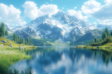 Majestic snow-capped mountains reflect on a serene lake during a sunny day in a tranquil nature setting