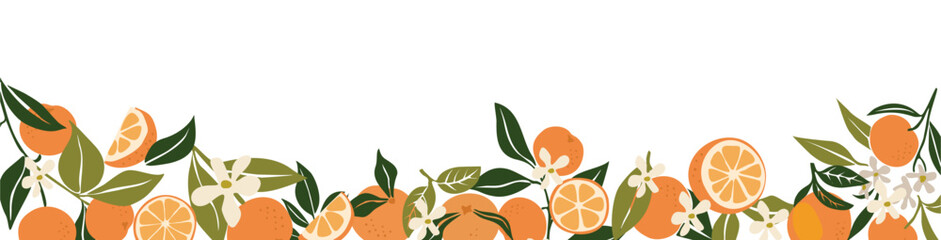 Colorful summer border with fresh orange citrus fruits, leaves and flowers. Horizontal banner, overlay backdrop. Botanical hand drawn vector illustration isolated on transparent background