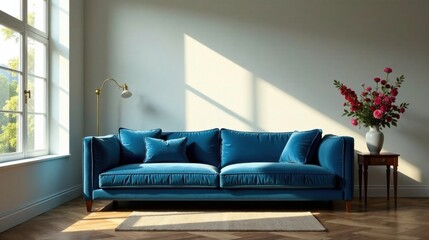 Sunlight Illuminates a Plush Velvet Sofa in a Serene Living Room Setting