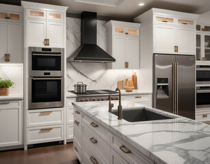 Fototapeta premium A high-end kitchen with marble countertops, a built-in oven, and a smart refrigerator, featuring under-cabinet lighting and large windows. Generative AI