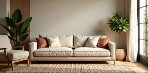 Beige sofa, copper accents, textured rug, cozy living room , comfort, copper details