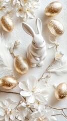 Brighten the Easter holiday with delightful table decorations showcasing a white bunny surrounded by glimmering golden eggs and blooming flowers. Perfect for festive gatherings
