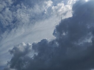 Dramatic dark sky with black stormy clouds before rain or snow as abstract background, extreme weather, the sun shines through the clouds