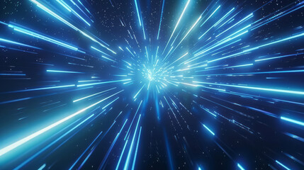 Fototapeta premium Glowing neon lines and light effects create an abstract backdrop on a dark starry backdrop, resembling a futuristic space tunnel or virtual reality game.