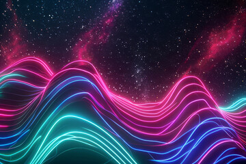Obraz premium An abstract backdrop with glowing neon lines and wavy curves in various colors on a dark starry sky, suitable for presentation or motion graphics.