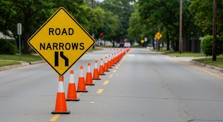 Road Narrows Ahead with Traffic Cones Guiding Cars Safely