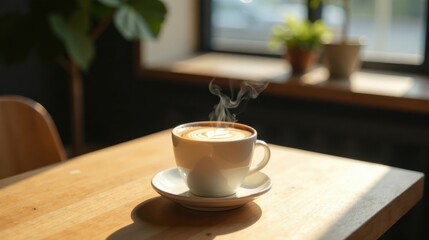 Fototapeta premium Warm morning sunlight illuminates a steaming cup of latte art coffee on a wooden table