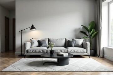 Grey sofa, black coffee table, geometric rug Minimalist living room , interior design, black coffee table