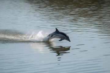 Fototapeta premium Dolphin gracefully leaps out of calm water, creating a splash under a clear sky, showcasing its agility and elegance in a serene setting