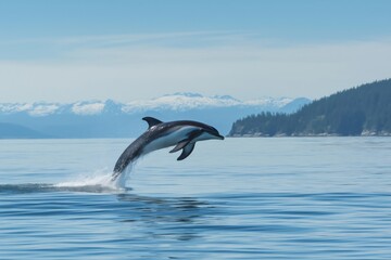 Dolphin breaching the ocean's surface, creating a splash against a backdrop of majestic mountains and lush trees under a sunny sky
