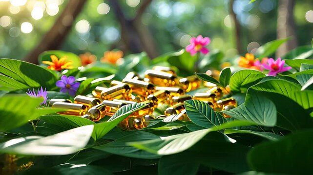 Shiny Gold Bars Hidden Among Green Leaves and Colorful Flowers in a Sunlit Forest

