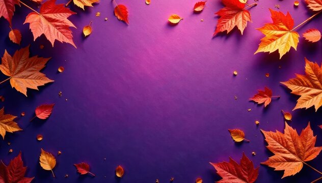 Abstract violet background with scattered metallic orange leaves Rustic fall texture , texture, violet
