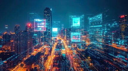 Futuristic cityscape with glowing holographic advertisements 