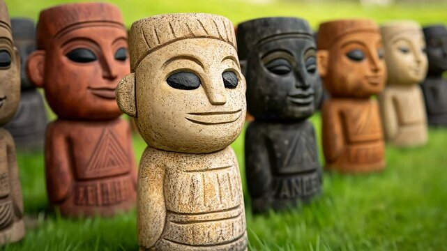 Traditional Peruvian Stone Figurines in Vibrant Colors on Grass Illustrating Cultural Heritage and Indigenous Art Cinematic Landscape Format for Stock Photography