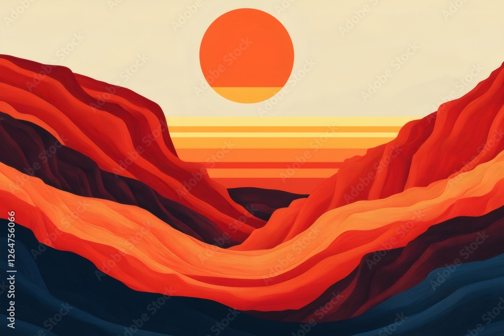 Poster minimalist vector landscape showing a canyon with warm colors illuminated by a large setting sun