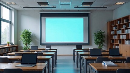 Modern Classroom with Laptops and Projection Screen