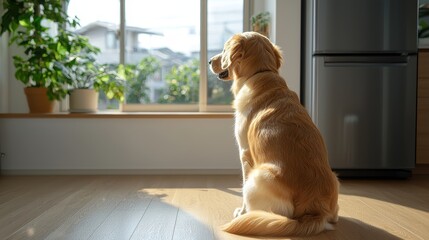 Golden retriever waiting by window cozy home interior pet photography natural light calm atmosphere dog's perspective