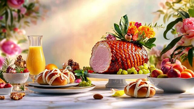 Easter Brunch Feast: A mouthwatering Easter ham, glistening with a delicious glaze, takes center stage on a beautifully arranged brunch table, surrounded by fresh fruit, sweet rolls.