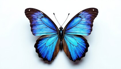 Obraz premium Intricate blue butterfly, iridescent details, stark white backdrop , professional, texture