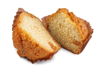 Cut in half cupcake in paper cup isolated on white background.