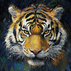 Vivid oil painting of a tiger's face with intense eyes, dark background, wildlife, and abstract details