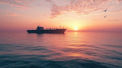 Obraz premium Serene Sunset , Cargo Ship at Sea