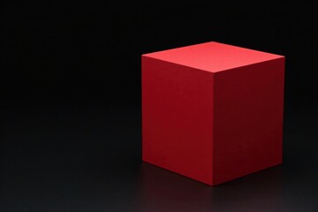 Fototapeta premium Red cube contrasts stark black background, bold single element, visual, stark, red cube
