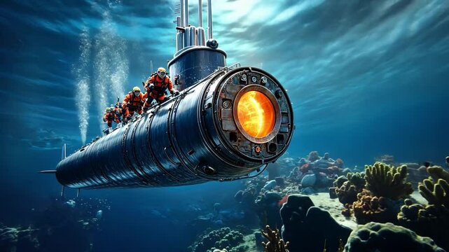 Deep Sea Exploration: A vintage submarine with a glowing hatch dives through the blue depths, surrounded by vibrant coral reefs and underwater life.