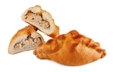 Rasstegai, Russian fish pie. Pie with red fish and rice isolated on white background.