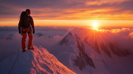 Fototapeta premium Silhouette of a mountain climber reaching the summit at sunrise