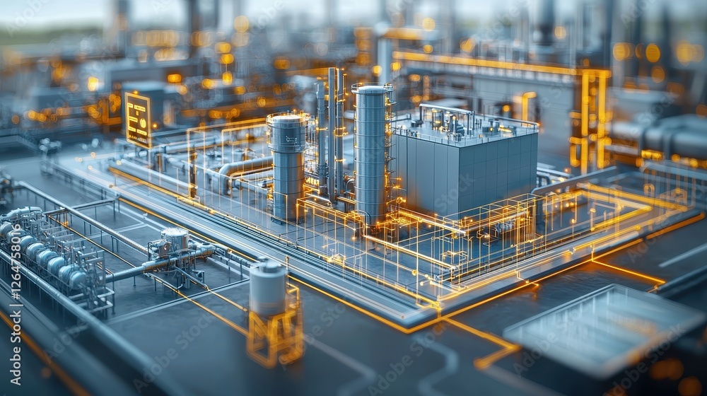 Poster industrial automation process factory 3d visualization modern environment aerial view technology con