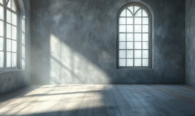 Empty room with arched windows, sunlight casts shadows, interior design inspiration